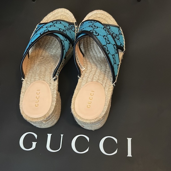 Gucci Sandals Fabric New Espadrille Canvas GG/Napa Charlotte light blue 6.5 - Picture 3 of 10